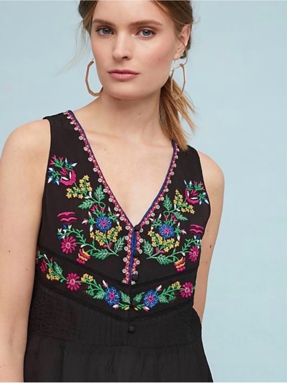 Maeve Black V-Neck Embroidered Floral Camisole